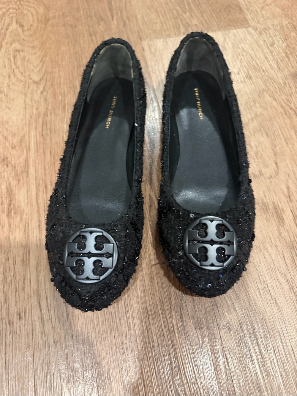 Black tweed glitter Tory Burch flays